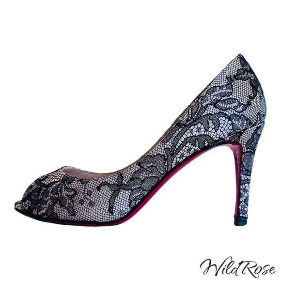 Christian Louboutin Shoes - CHRISTIAN LOUBOUTIN Nude Satin & Black Lace Peep Toe Pumps SZ 35.5